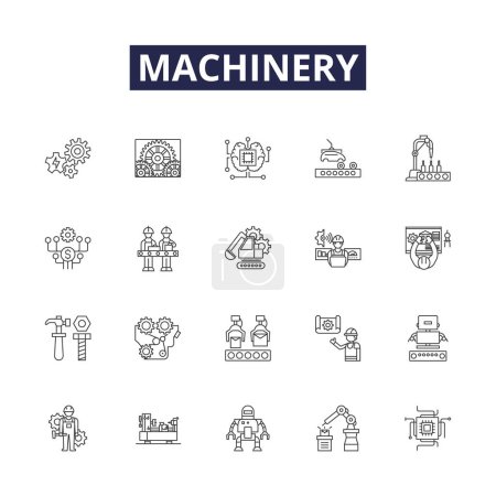 Illustration for Machinery line vector icons and signs. Equipment, Mechanism, Gear, Apparatus, Assembly, Device, System, Part vector outline illustration set - Royalty Free Image