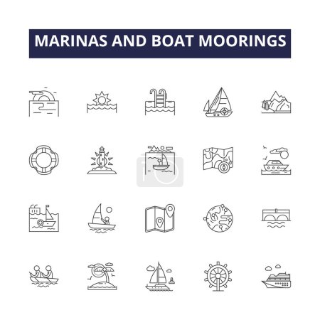 Illustration for Marinas and boat moorings line vector icons and signs. Boat, Moorings, Harbours, Boats, Anchorage, Jetties, Berths, Pontoon vector outline illustration set - Royalty Free Image