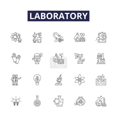 Illustration for Laboratory line vector icons and signs. Experiment, Test, Research, Analysis, Chemistry, Microscope, Beaker, Study vector outline illustration set - Royalty Free Image