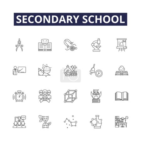 Illustration for Secondary school line vector icons and signs. Junior High, Academy, Sixth Form, Grammar School, Middle School, Preparatory School, Magnet School, Charter School vector outline illustration set - Royalty Free Image
