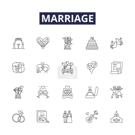 Illustration for Marriage line vector icons and signs. Nuptials, Wedlock, Commitment, Matrimony, Vows, Covenant, Ceremony, Bond vector outline illustration set - Royalty Free Image