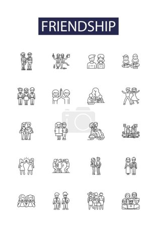 Illustration for Friendship line vector icons and signs. affinity, rapport, bond, amity, ally, camaraderie, affection, association vector outline illustration set - Royalty Free Image