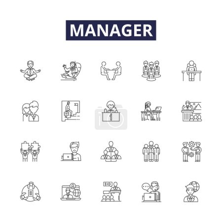 Illustration for Manager line vector icons and signs. Supervisor, Controller, Coordinator, Leader, Administrator, Director, Chief, Head vector outline illustration set - Royalty Free Image