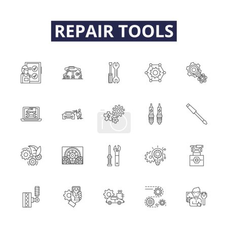 Illustration for Repair tools line vector icons and signs. Repair, Wrenches, Pliers, Screwdrivers, Measure, Saw, Drill, Ratchet vector outline illustration set - Royalty Free Image