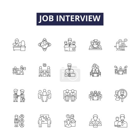 Illustration for Job interview line vector icons and signs. Job, Preparation, Tips, Resume, Qualifications, Questions, Answer, Performance vector outline illustration set - Royalty Free Image