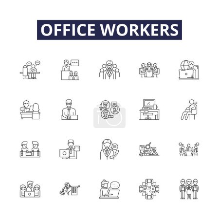 Ilustración de Los trabajadores de oficina alinean iconos y signos vectoriales. Empleados, empleados, ejecutivos, administradores, gerentes, asistentes, analistas, contadores vector esquema ilustración conjunto - Imagen libre de derechos