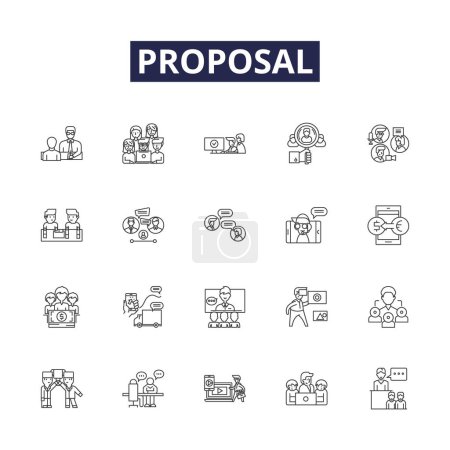 Illustration for Proposal line vector icons and signs. Offer, Pitch, Plan, Suggestion, Agreement, Argument, Proposal, Proffer vector outline illustration set - Royalty Free Image