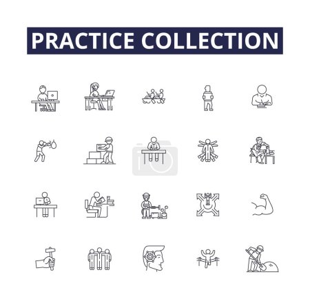 Illustration for Practice collection line vector icons and signs. Exercise, Drill, Refine, Study, Train, Habituate, Master, Iterate vector outline illustration set - Royalty Free Image