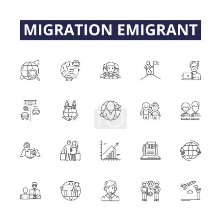 Illustration for Migration emigrant line vector icons and signs. Migration, Immigrate, Migrate, Expatriate, Displace, Travel, Relocate, Voyage vector outline illustration set - Royalty Free Image