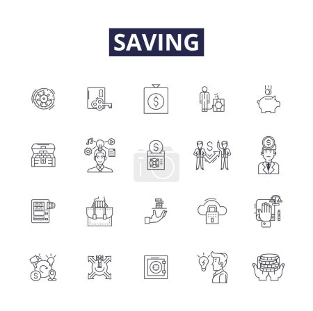 Illustration for Saving line vector icons and signs. hoarding, preserving, stowing, hoarding, stocking, guarding, keeping, accumulating vector outline illustration set - Royalty Free Image
