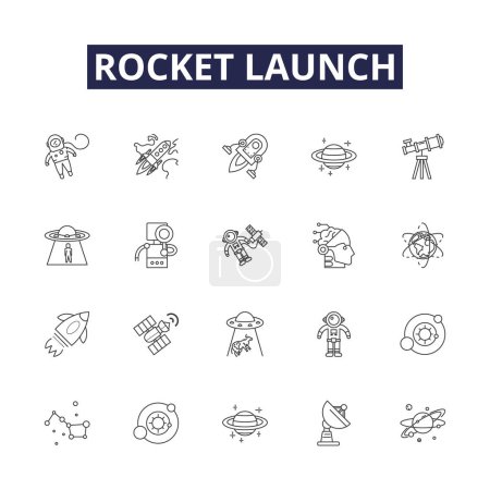 Illustration for Rocket launch line vector icons and signs. Rocket, Liftoff, Ignition, Propulsion, Ascent, Flight, Deployment, Countdown vector outline illustration set - Royalty Free Image