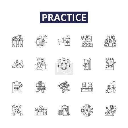 Illustration for Practice line vector icons and signs. Rehearse, Exercise, Repeat, Practise, Polish, Study, Train, Persist vector outline illustration set - Royalty Free Image