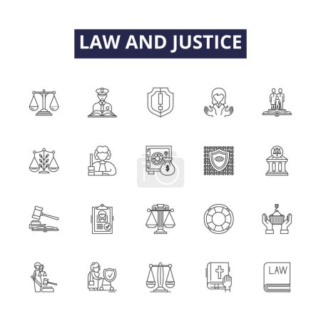 Recht und Gerechtigkeit begrenzen Vektorsymbole und -zeichen. Justiz, Gerichtsverfahren, Gerichte, Gerichtsbarkeit, Verurteilung, Anwaltstätigkeit, Gesetzgebung, Verträge Vektor skizzieren Illustrationsset