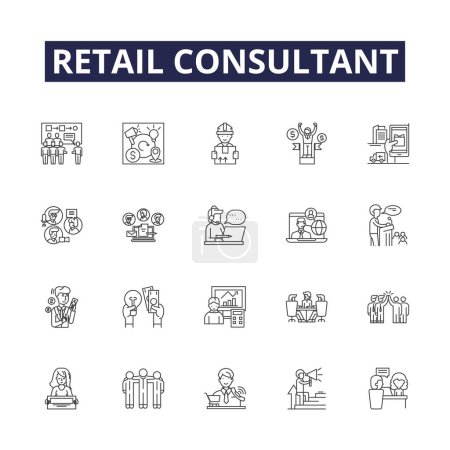 Illustration for Retail consultant line vector icons and signs. Consultant, Advisors, Analysts, Strategists, Strategizing, Solutions, Auditing, Growth vector outline illustration set - Royalty Free Image