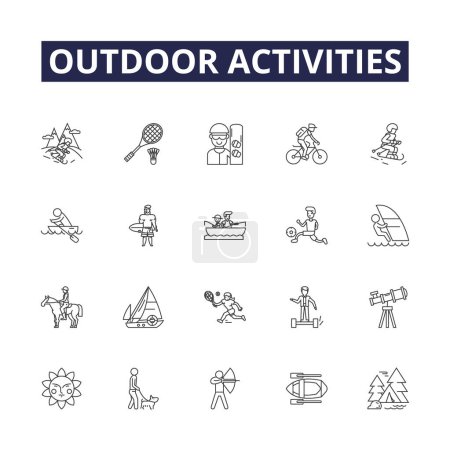 Illustration for Outdoor activities line vector icons and signs. Camping, Climbing, Cycling, Kayaking, Canoeing, Surfing, Fishing, Swimming vector outline illustration set - Royalty Free Image