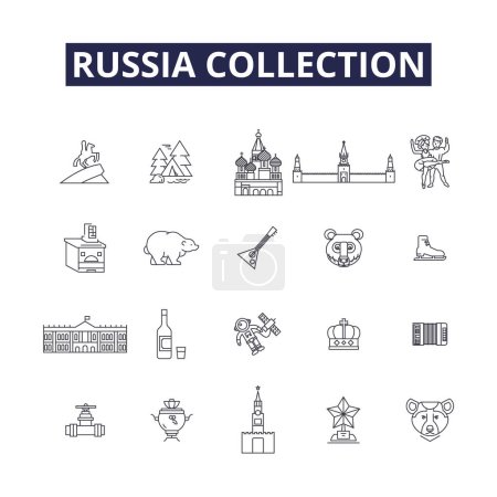 Ilustración de Rusia colección línea vectorial iconos y signos. colección, soviético, Moscú, Kremlin, Putin, rojo, Hermitage, Ucrania vector esquema ilustración conjunto - Imagen libre de derechos