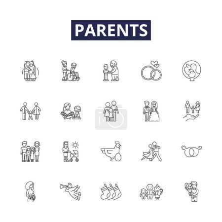 Téléchargez les illustrations : Les parents alignent les icônes vectorielles et les signes. tuteurs, mamans, papas, ancêtres, ancêtres, ancêtres, schémas vectoriels parentaux - en licence libre de droit