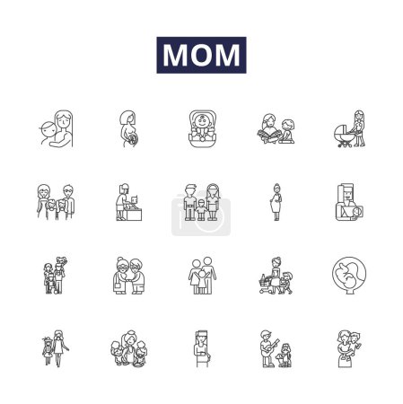 Illustration for Mom line vector icons and signs. Parent, Caretaker, Guardian, Matriarch, Mommy, Mama, Playmate, Companion vector outline illustration set - Royalty Free Image