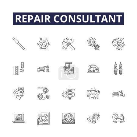 Illustration for Repair consultant line vector icons and signs. Consultant, Fixer, Technician, Mender, Restorer, Remediate, Mend, Reconstruct vector outline illustration set - Royalty Free Image