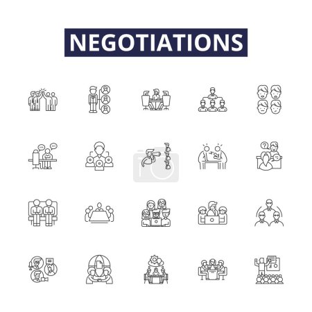 Illustration for Negotiations line vector icons and signs. dialogue, discussion, haggling, interaction, mediation, parleys, settlements, talking vector outline illustration set - Royalty Free Image