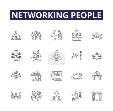 Illustration for Networking people line vector icons and signs. Networking, Interacting, Associating, Linking, Meeting, Joining, Gathering, Bridging vector outline illustration set - Royalty Free Image