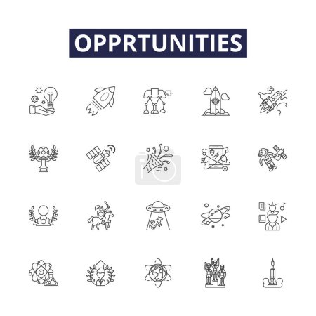 Illustration for Opprtunities line vector icons and signs. Chances, Prospects, Options, Gains, Avails, Wealth, Profits, Prospects vector outline illustration set - Royalty Free Image