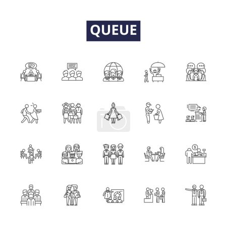 Illustration for Queue line vector icons and signs. Wait, , Row, FIFO, Process, Priority, Standby, Holding vector outline illustration set - Royalty Free Image
