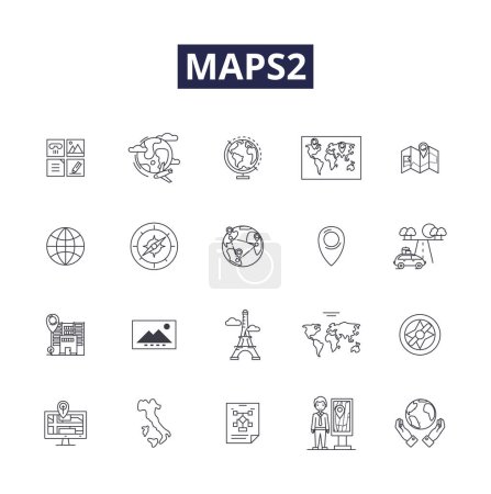 Ilustración de Maps2 línea vectorial iconos y signos. Navigation, Location, Tracking, Map, Geo, Geospatial, Locality, Cartography vector outline illustration set - Imagen libre de derechos