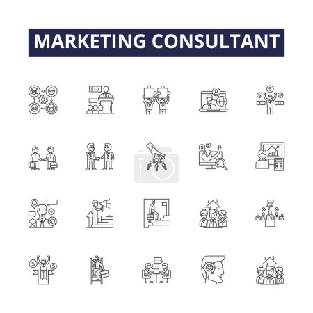 Illustration for Marketing consultant line vector icons and signs. Consultant, Adviser, Strategist, Planner, Advertising, Promoter, Analyst, Coach vector outline illustration set - Royalty Free Image