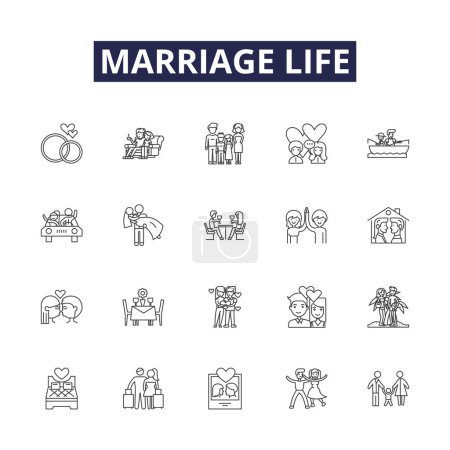 Illustration for Marriage life line vector icons and signs. commitment, communication, trust, respect, companionship, understanding, partnership, intimacy vector outline illustration set - Royalty Free Image