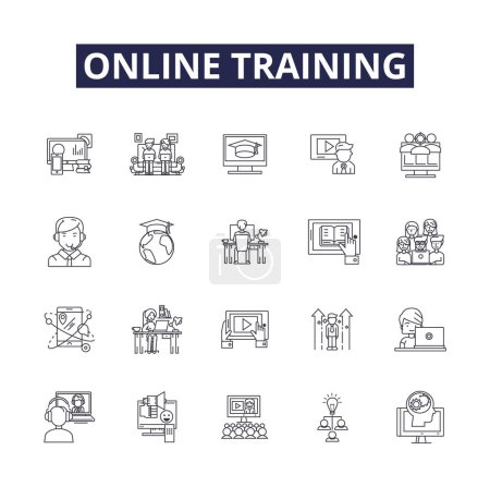 Illustration for Online training line vector icons and signs. Webinars, Courses, Tutorials, Seminars, Workshops, Lectures, Certifications, Simulations vector outline illustration set - Royalty Free Image