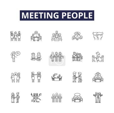 Illustration for Meeting people line vector icons and signs. Networking, Gathering, Bonding, Interacting, Conversing, Interfacing, Collaborating, Connecting vector outline illustration set - Royalty Free Image