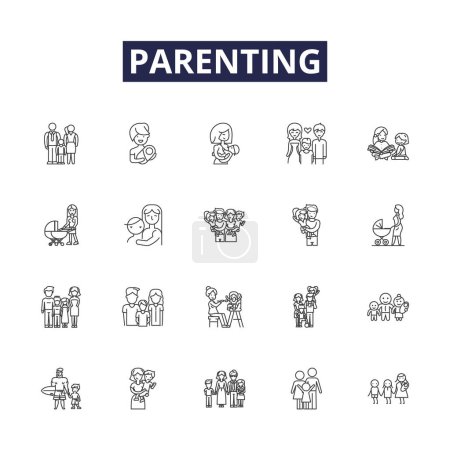 Illustration for Parenting line vector icons and signs. Mothering, Raising, Nurturing, Guiding, Educating, Instructing, Directing, Supervising vector outline illustration set - Royalty Free Image