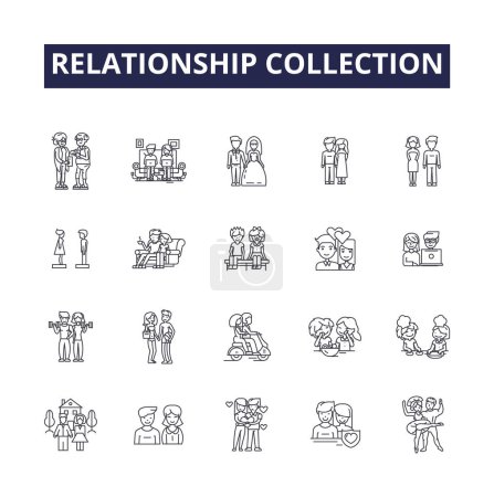 Illustration for Relationship collection line vector icons and signs. interactions, bonds, affiliations, ties, alliances, pairings, liaisons, linkages vector outline illustration set - Royalty Free Image