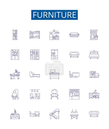 Illustration for Furniture line icons signs set. Design collection of Chair, Table, Desk, Couch, Sofa, Bed, Unit, Ottoman outline vector concept illustrations - Royalty Free Image