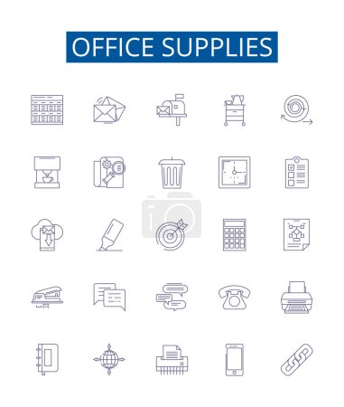 Illustration for Office supplies line icons signs set. Design collection of Stationery, Pens, Envelopes, Paper, Notepads, Files, Calendars, Staplers outline vector concept illustrations - Royalty Free Image