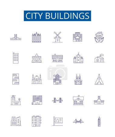 Illustration for City buildings line icons signs set. Design collection of Skyscrapers, Towers, Complexes, Structures, Homes, Apartment, Townhouses, Skyline outline vector concept illustrations - Royalty Free Image
