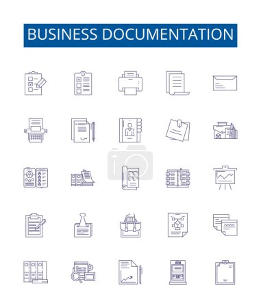 Illustration for Business documentation line icons signs set. Design collection of Business, Documentation, Reports, Policies, Guidelines, Contracts, Agreements, Procedures outline vector concept illustrations - Royalty Free Image