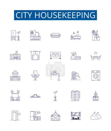 Illustration for City housekeeping line icons signs set. Design collection of Urban, Cleaning, Services, Housework, Dwelling, Residents, Dusting, Sweeping outline vector concept illustrations - Royalty Free Image