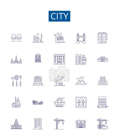 Illustration for City line icons signs set. Design collection of urban, metropolis, municipality, settlement, town, village, borough, zone outline vector concept illustrations - Royalty Free Image