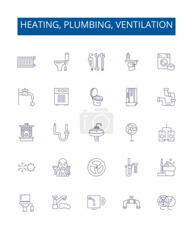 Heating, plumbing, ventilation line icons signs set. Design collection of heating, plumbing, ventilation, HVAC, system, installation, maintenance, repair outline vector concept illustrations