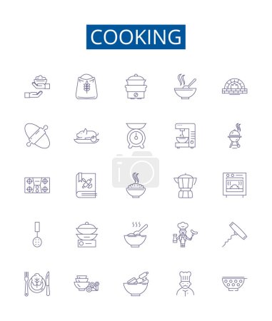 Illustration for Cooking line icons signs set. Design collection of Cuisine, Recipes, Baking, Simmering, Frying, Boiling, Grilling, Roasting outline vector concept illustrations - Royalty Free Image