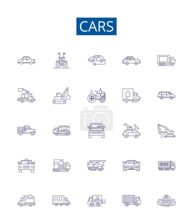 Illustration for Cars line icons signs set. Design collection of Automobile, Sedan, SUV, Crossover, Hatchback, Convertible, Coupe, Hybrid outline vector concept illustrations - Royalty Free Image