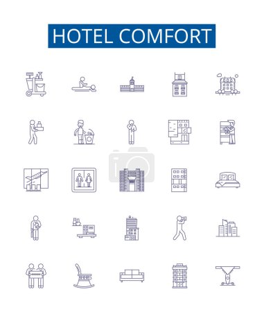 Illustration for Hotel comfort line icons signs set. Design collection of Convenience, Amenity, Luxury, Accommodation, Coziness, Homey, Comforting, Comfort outline vector concept illustrations - Royalty Free Image