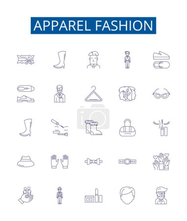Illustration for Apparel fashion line icons signs set. Design collection of Clothing, Footwear, Accessories, garments, trendy, fashionista, fabric, design outline vector concept illustrations - Royalty Free Image