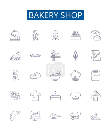 Ilustración de Panadería línea de la tienda iconos letreros conjunto. Diseño de la colección de Panadería, Tienda, Pan, Pasteles, Pasteles, Muffin, Donut, Loaf esquema concepto de vectores ilustraciones - Imagen libre de derechos