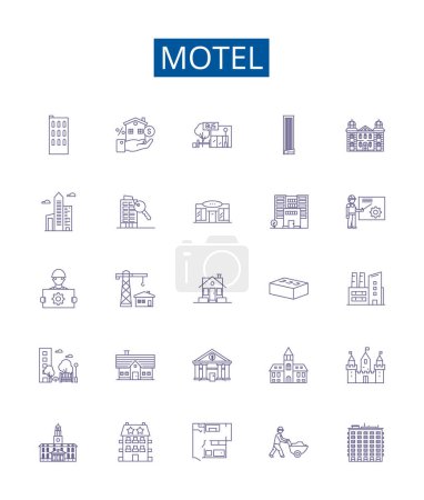 Illustration for Motel line icons signs set. Design collection of Lodging, Inn, Stopover, Hostel, Resort, Accommodation, Overnight, Rest outline vector concept illustrations - Royalty Free Image