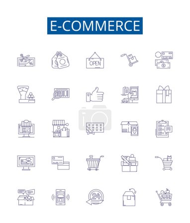 Illustration for E-commerce line icons signs set. Design collection of Online, Shopping, Marketplace, Retail, Transaction, Digital, Products, Services outline vector concept illustrations - Royalty Free Image