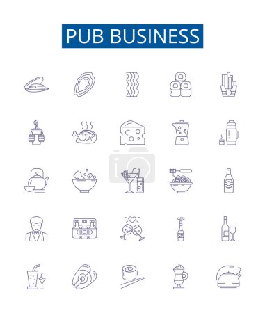 Illustration for Pub business line icons signs set. Design collection of Pub, Business, Bar, Alcohol, Brewery, Bottles, Menu, Drinks outline vector concept illustrations - Royalty Free Image