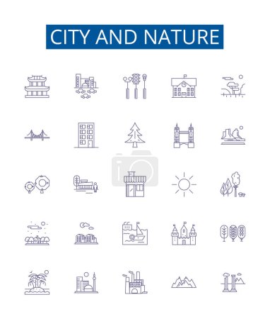 Illustration for City and nature line icons signs set. Design collection of urban, rural, landscape, backdrop, locale, skyline, architecture, vegetation outline vector concept illustrations - Royalty Free Image